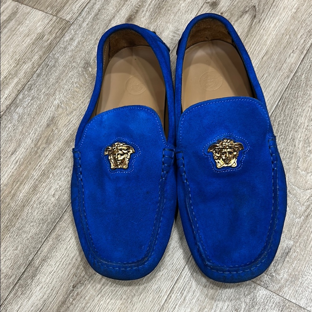 Versace Blue and Gold Slip-On Loafers